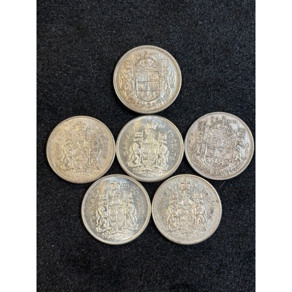 6 Canadian silver 50 Cent pieces  80% pure silver 69.96g various years