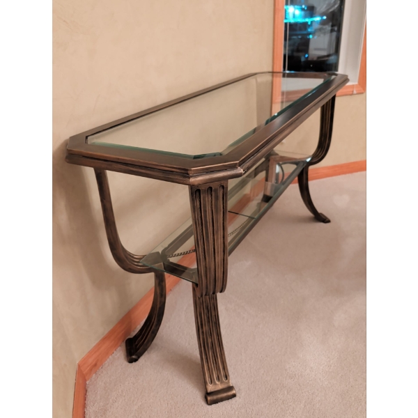 Brushed Bronze 2 Tier Console Table 56"Long w/ Tri Floral Art Print 