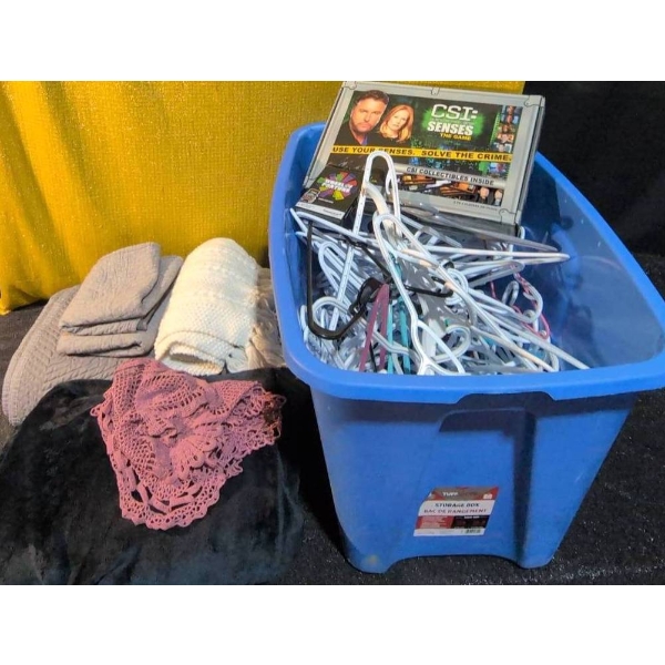 Two Comforters, Crochet Doilies, White Scarf, Games, and Clothing Hangers