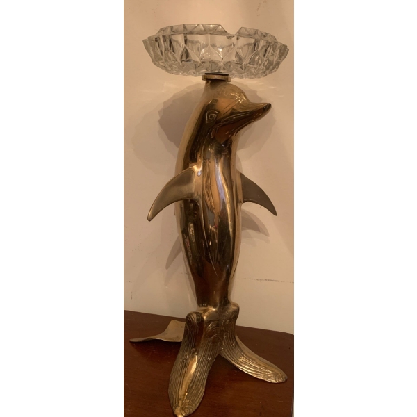 Mid Century Brass Ash Tray 18T Dolphin Motif