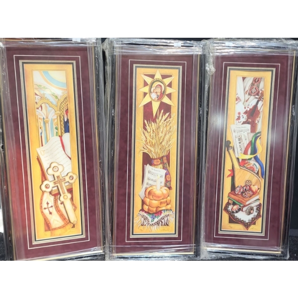 Trio of Prints w/ Religious and Ukranian Theme, Framed Under Glass 12 X 26.5