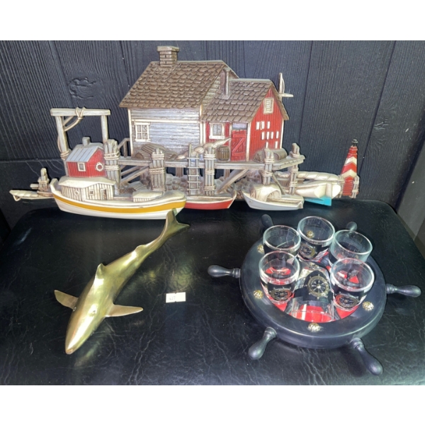 Nautical Collection - The Pier Wall Hanging w/ Brass Shark Idol & Captain's Round of Shooters