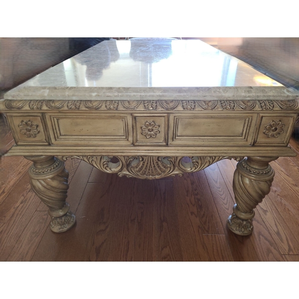 Wood and Marble Coffee Table 54 W, 32 D, 22 T 