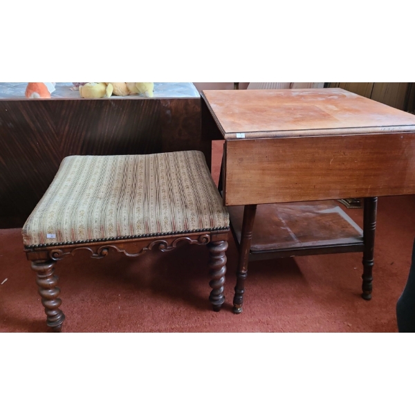 Side Flap Table with Shelf- 37 L opened, 27 T,  24 W and Carved Wood Footstool 22 L, 20 W, 16 T