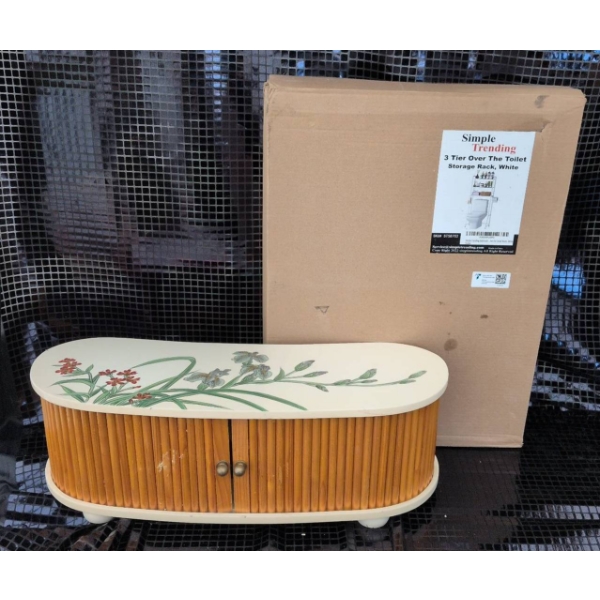 Art Treasures Rolling Door Jewelry Box with Floral Design and Over-the-Toilet Storage Shelf