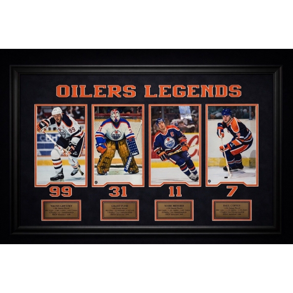 This is a framed Edmonton Oilers Legends collage featuring Wayne Gretzky, Fuhr, Messier, Coffy