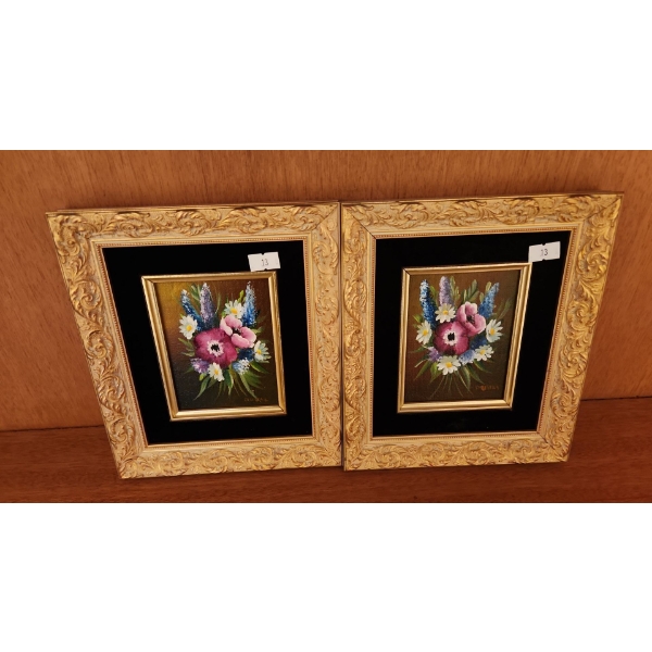 Two Paintings of Flowers w/ Gold and Velvet Trim Frame 7.5 X 8.5 