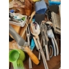 Image 7 : Metal Double Fruit Basket, Wooden Knife Block, and Kitchen Tools