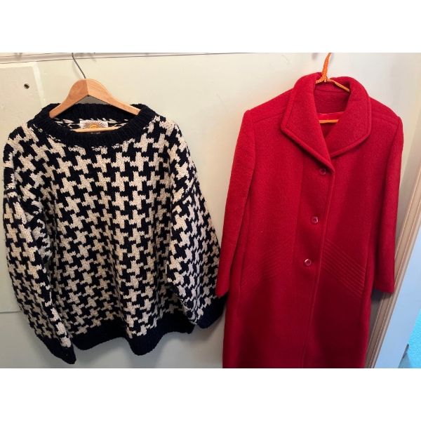 Vintage Wool 3/4 length ladies Jacket made in Canada and Navy Blue & White hand made sweater .