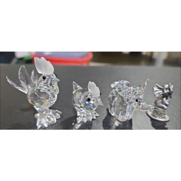 Swarovski Crystal Elephants (2), Rooster + Chicken (Each Approx 2" Tall)