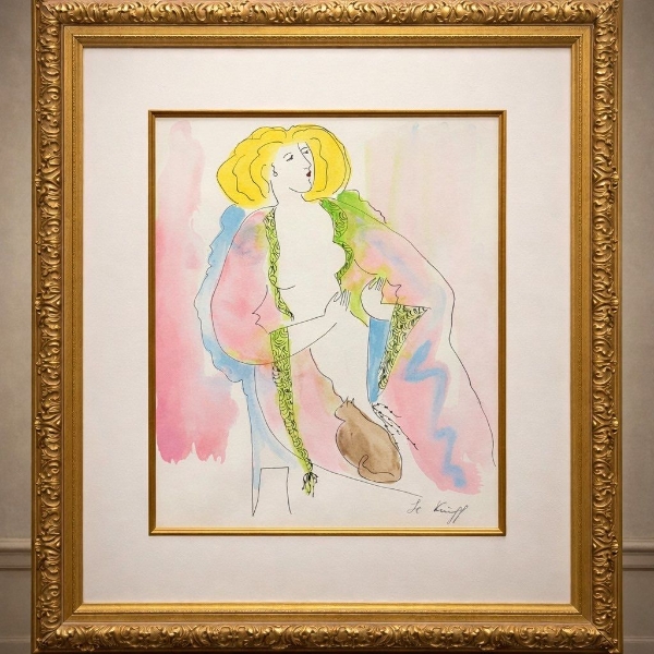 Linda Le Kinff Titled Peaceful Watercolor over serigraph line drawing on woven paper signed pencil