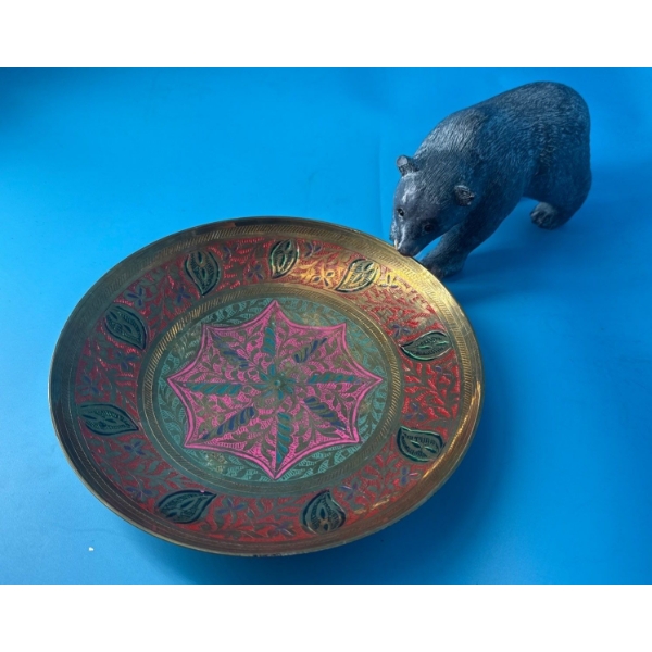 Decorative Bear Figure w/ Colorful Decorative Brass Painted Plate (8W) 