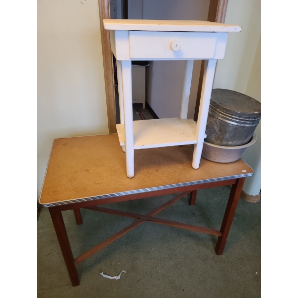 Wooden Utility Table with Board Top 43 L, 31 T,  24 W also Includes White Shelf and Galvanized Pots