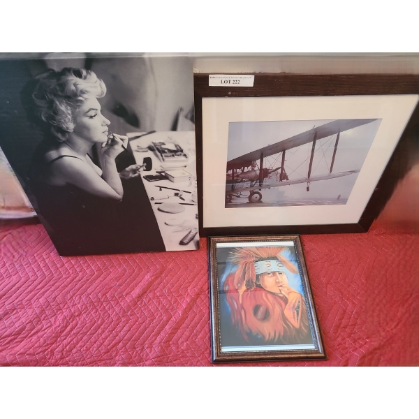 Framed Airplane Print Under Glass  24 1/2 w 22 h, Marilyn Monroe Print on Canvas 18 w 25 h