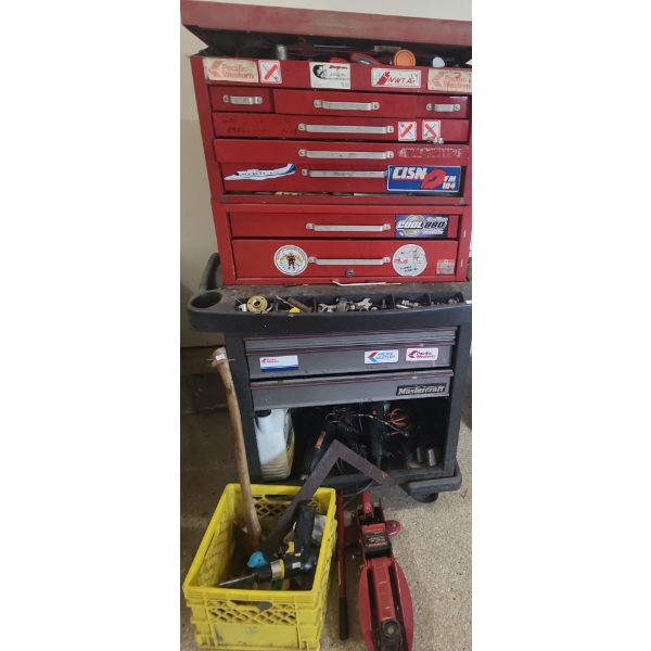 Tool Chest 27 W, 12 D, 24 T (Keys Included) and Mastercraft Tool Trolley 34 W, 18 D, 34 T, Contents