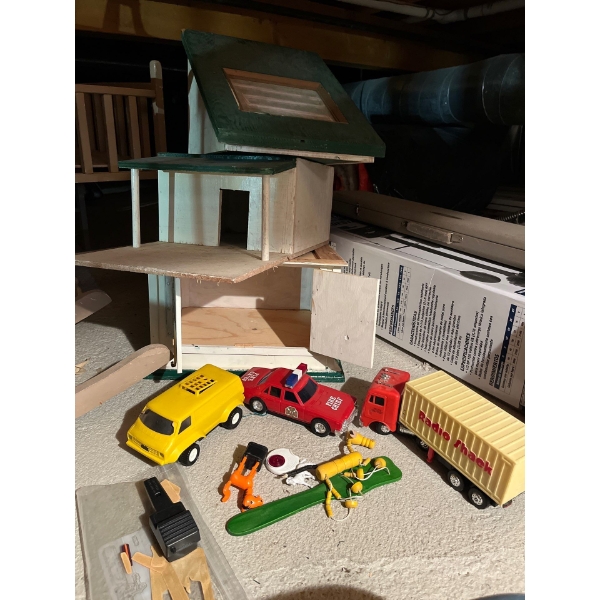 Vintage RadioShack semi made in Hong Kong in good condition along with a little yellow van toy, fire