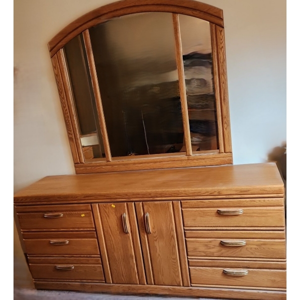 Palliser Long Dresser w/ 6 Drawers and Cupboard 70 W, 18 D, 30 T and Attached Mirror 49 X 46