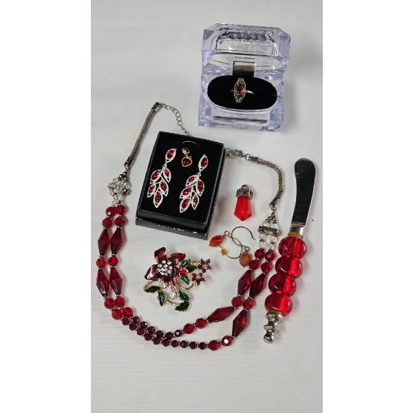 Vintage Jewelry Collection Featuring Earrings, Ring, Brooch, Necklace, and Accessories
