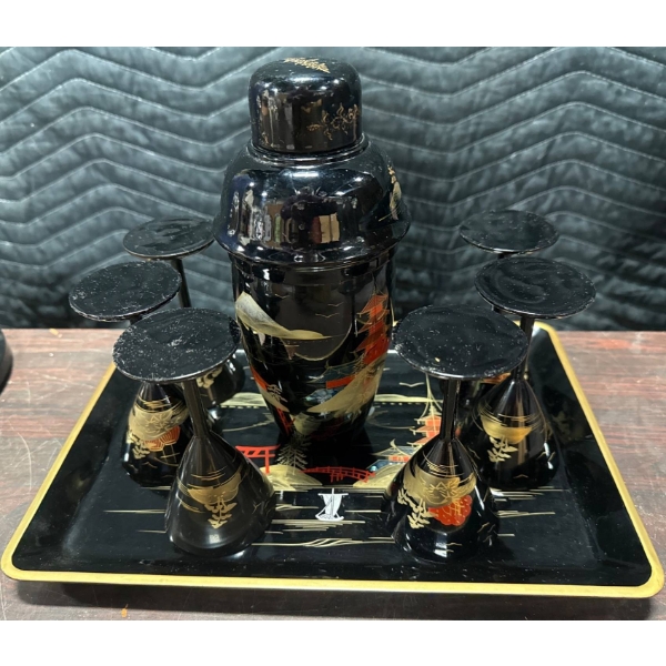 Japanese Black Lacquered Barware Set with Tray, Shaker, and Martini Glasses