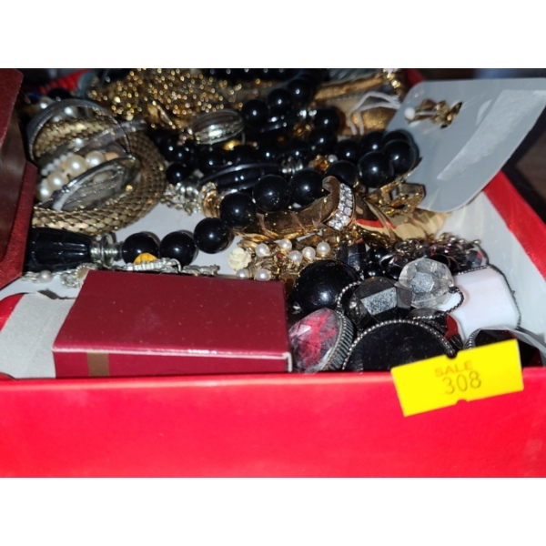 Costume Jewelry (8): Small Red Storage Box, Necklaces, Bracelets, Matched Earrings (Box and Lid)