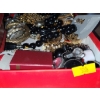 Image 1 : Costume Jewelry (8): Small Red Storage Box, Necklaces, Bracelets, Matched Earrings (Box and Lid)