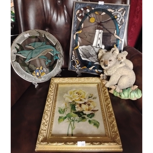Stained Glass Art 11x13 w/ Ceramic Koala Bear & More