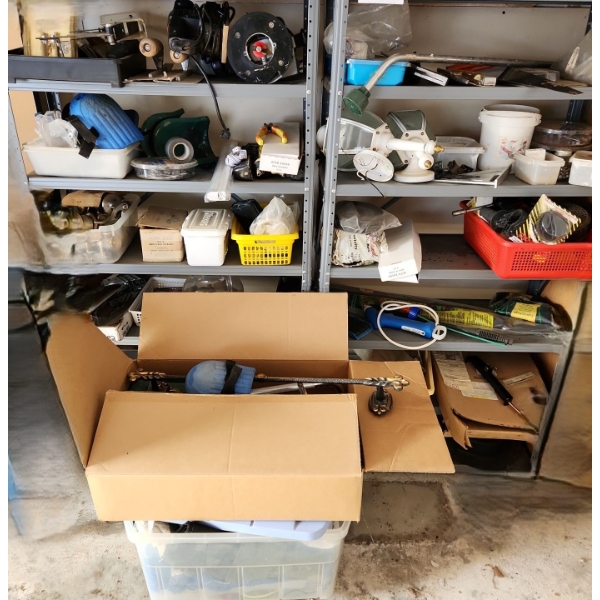 Two Metal Utility Shelves 30 w, 58 h, 12 d and: TE Router, B&D Sander Model 7448, Tarps, and More!