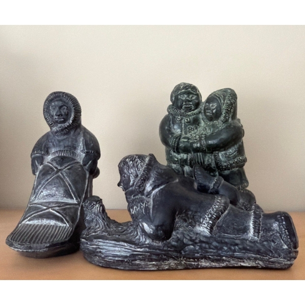 Wolf Soapstone Sculptures: Sledder 2 W, 5 D, 4.5 T, Laying 3 W, 5 D, 2.5 T, Couple 3 W, 2 D, 5 T 
