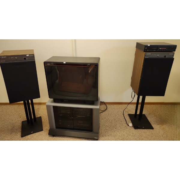Sony CD Player CDP-M35, Zenith SE2593Y SDTV Set, VCR N831EC, Speakers, NEC Cassette Deck, Cabinet