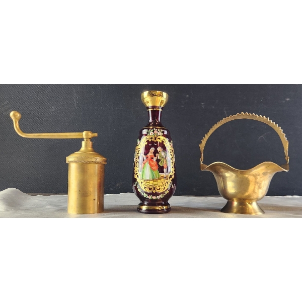 Vintage Brass Pepper Mill and Basket, Ruby Red Glass Decanter