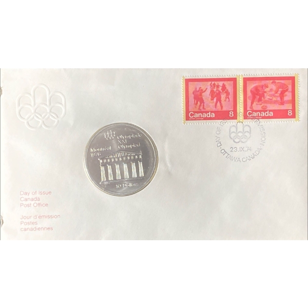 1976 Day of Issue Montreal Olympic Coin & Stamp 92.5% Silver 48.6 Grams