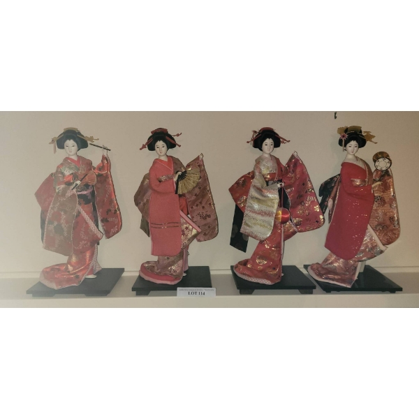 Four Japanese Geisha Figurines in Traditional Silk Kimonos