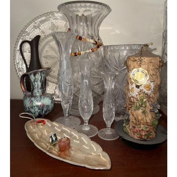 West Germany Vintage Pottery Jugs w/ Carved Candle Decorative Tray & Crystal Vessels 