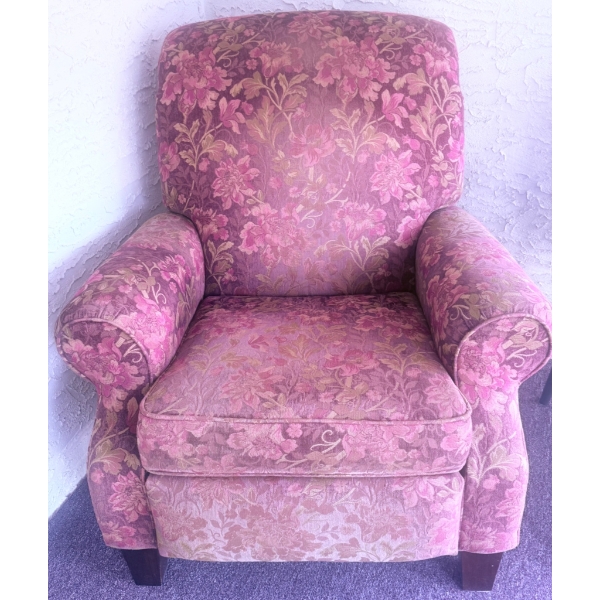 Floral Upholstered Armchair with Rolled Arms and Wooden Legs