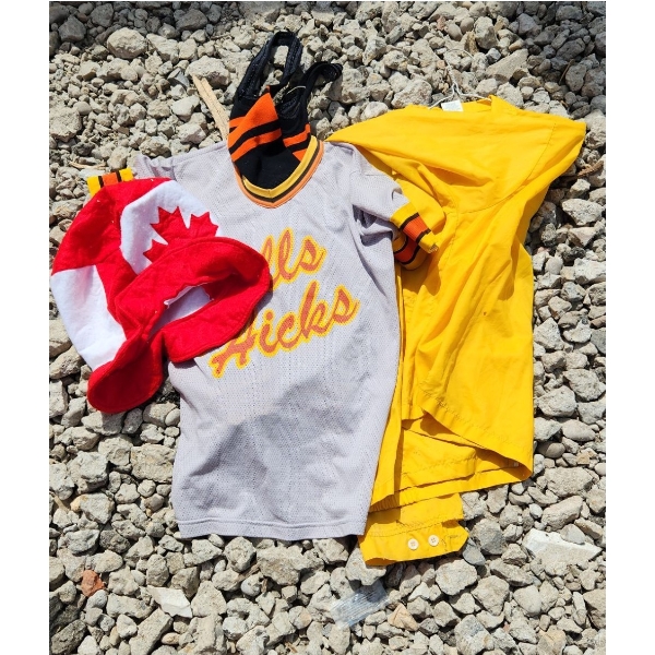 Vintage Baseball Uniform (Small Fit/ Tagged Large), Yellow Curtis Jacket (Small Fit/Tagged XL)