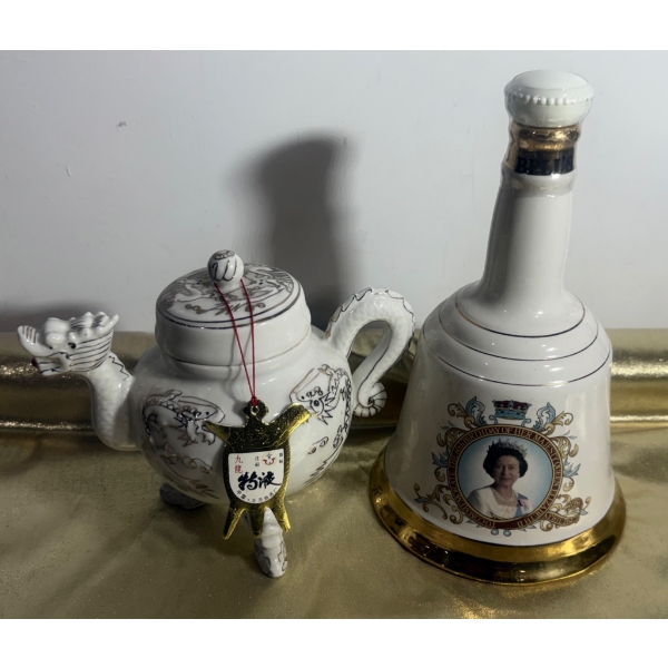 Ceramic Dragon Teapot with Lid and Decorative Ceramic Bell Featuring Portrait