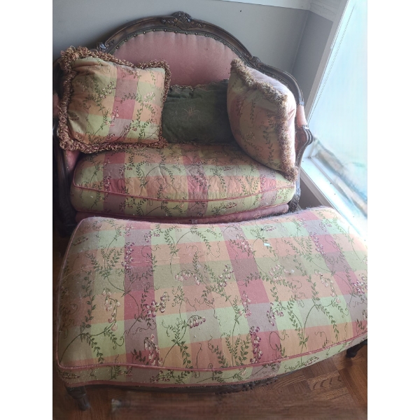 Vintage Oversize Chair 48 W, 20 D, 39 T and Footstool 46 W, 22 D, 17 T  
