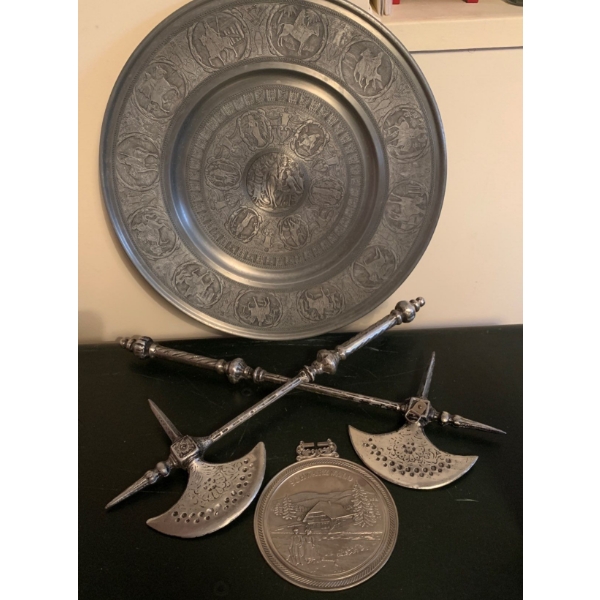 Large Pewter Adam & Eve Decorative Plate w/ Viking Weaponry & More