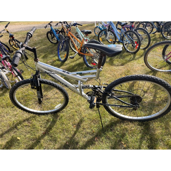 super cycle, full suspension, mountain bike, silver and colour