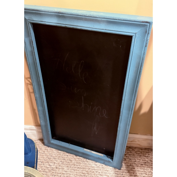 Blue Painted Wood Chair, Framed Chalkboard, Glass Mirror, and Mosaic Lidded Jar Group