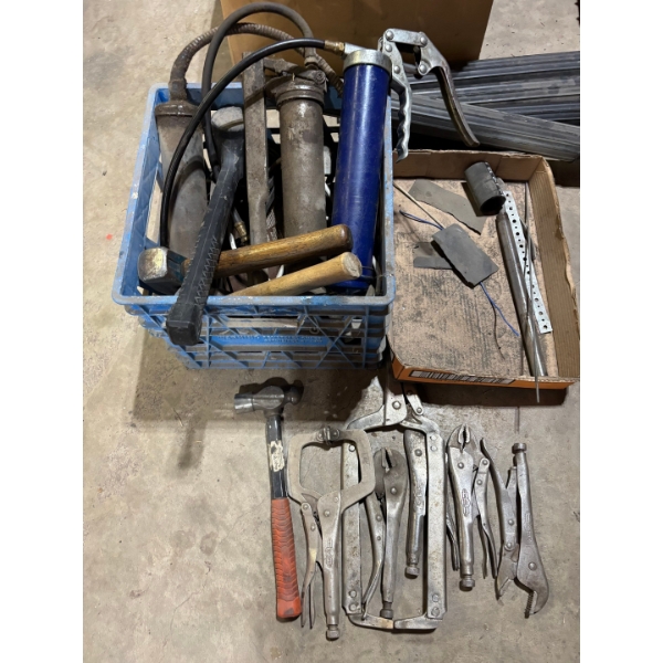 collection of vice grips grease guns hammers all different manufacturers
