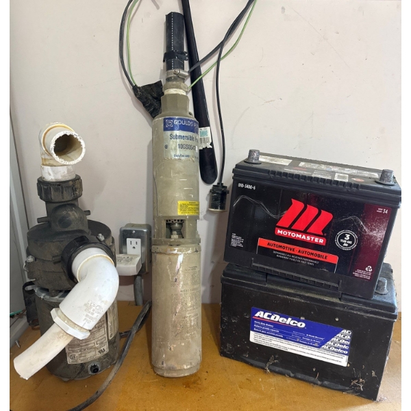 Submersible Pump, Two Un Tested Car Batteries & More