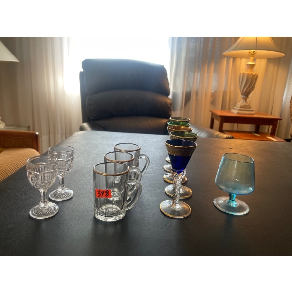 Coloured Liquore Glasses (%), Gold Rimmed Tea Glasses (3), Crystal Liquore Glasses (2), Blue Cocktai