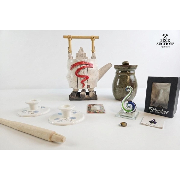 Unique Ceramic Teapot With A Bamboo Handle 9''INCHES HEIGHT , Wedgwood  Candle Holders , Glass Art.