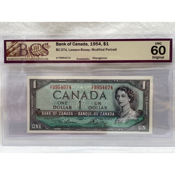 Graded Canadian 1954 Mod. Portrait $1 UNC Prefix: V/F