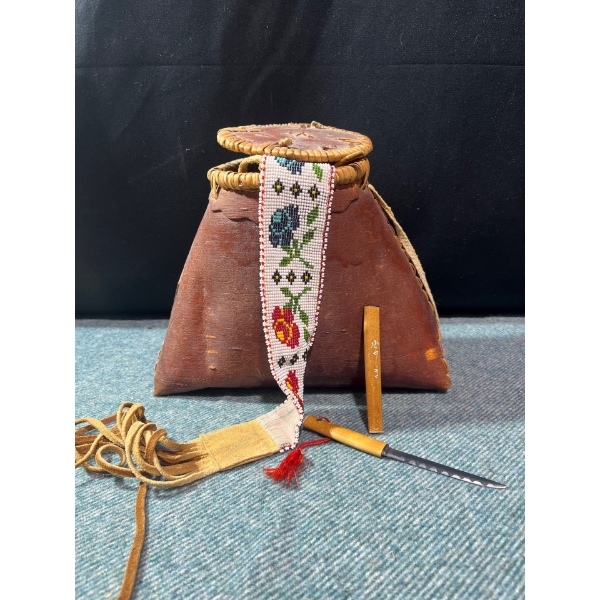 Birch Bark Bag (11x9"tall) w/Indigenous Bead Work & Wooden Handle Paring Knife 