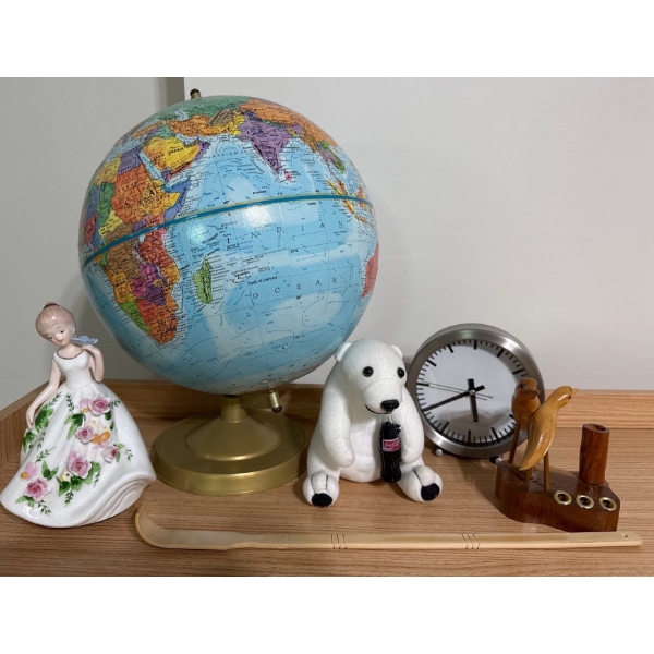Home Decor Collection Including Wind Up Muscial Doll, Globe, Wooden Decor Bird Pen Holders & More 