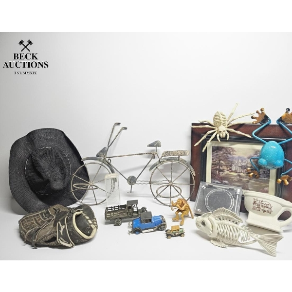  Metal Bicycle Sculpture. variety Of Other Collectibles, Including A Baseball Glove, Toy Cars, 