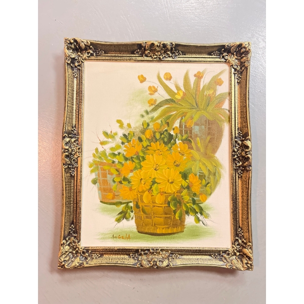 MonoChromatic Olive Green Oil on Board  Art 18x19 In Beveled Gold Frame 