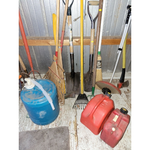 Assorted Garden Tools Jerry Cans & Gadgets - Trimmer Rakes Gas & More